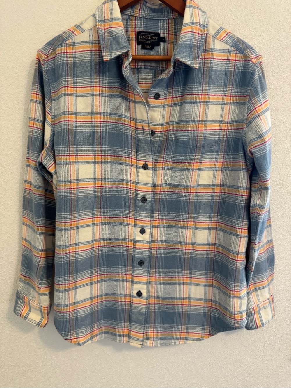 Pendleton Women’s Plaid Button Front Flannel Shirt Blue Cream Cotton Size M
